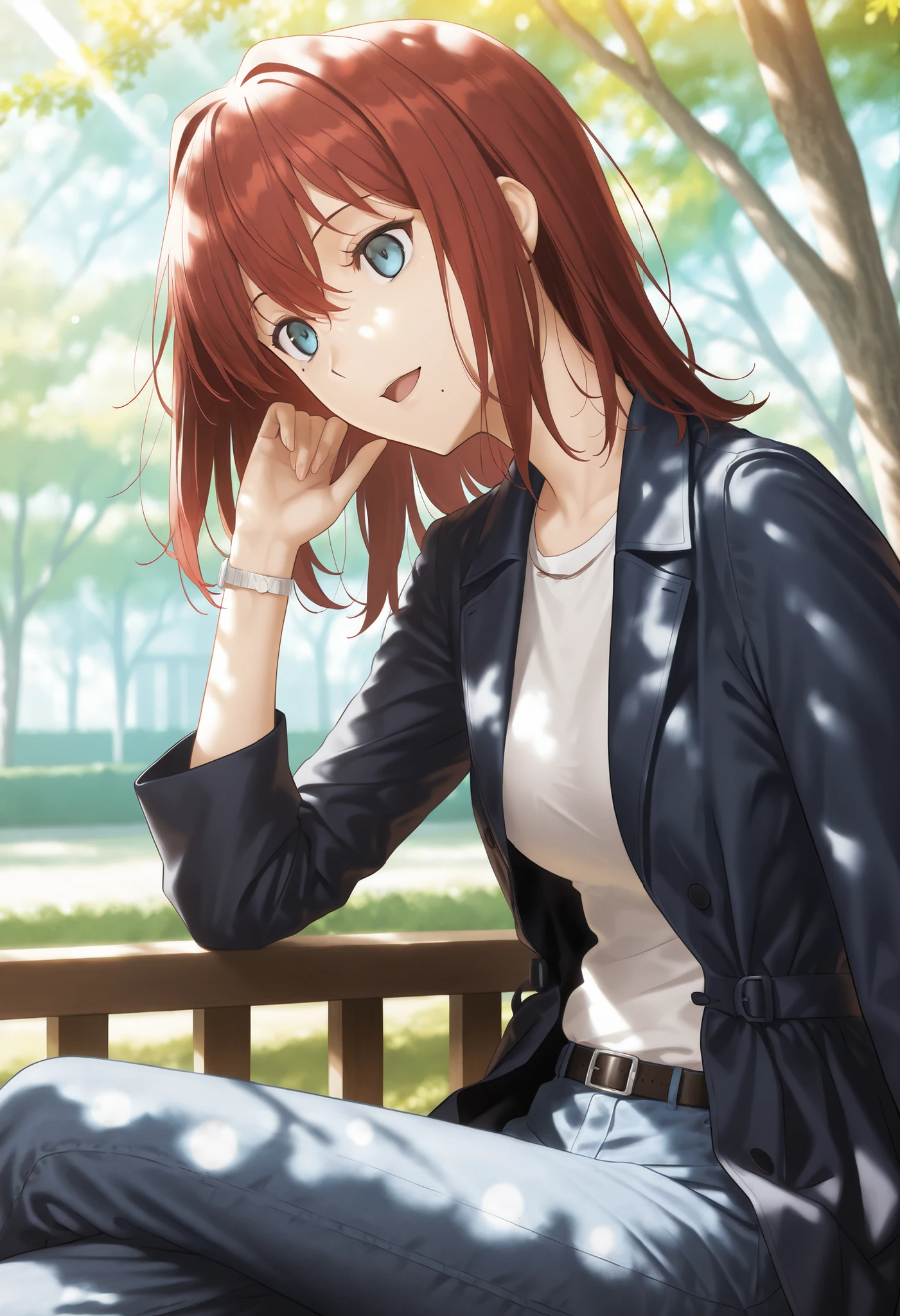 masterpiece, , absurdres, highres, detailed background, high resolution, masterpiece, necessary, detail, best quality, quality, necessary, details, High details, Precise, outdoors, university, (dappled sunlight), day, lens flare, blurry background, (from side), solo, ,
1girl, , (type-moon,) style, koyama hirokazu style, ,,upturned eyes, shiny skin, mole under mouth, ,(head tilt), sitting, light smile ,one wrist watch, ,
tall girl, mature, slim body, slender body, brown red hair, medium hair, light blue eyes, , flat chest, hair between eyes, , ((dark blue trench coat, front full open coat)) , in high neck knit , long sleeve, long denim pants, crossed legs , looking at viewer, light open mouth, (aged up:1.5), ,