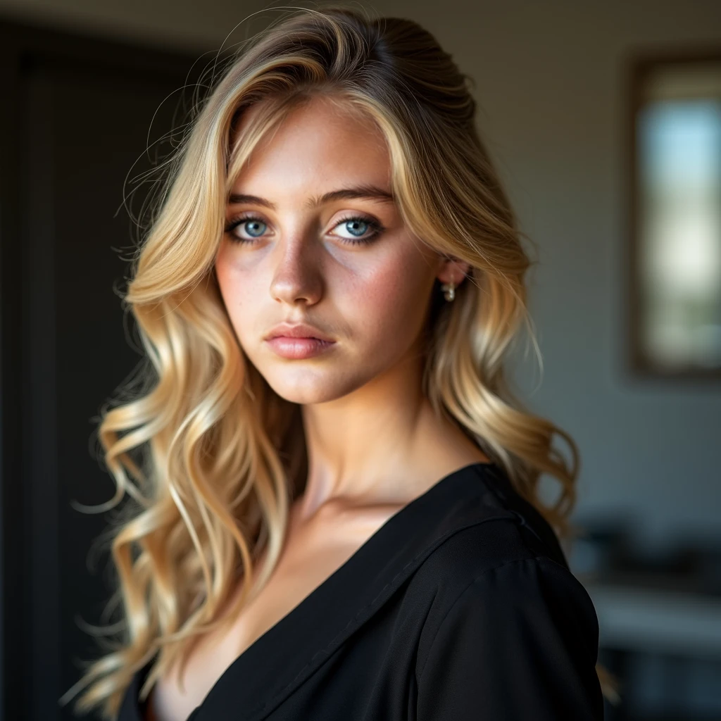color photography, medium shot, black dress, foreground, ((A realistic photo of a beautiful 25 year old blonde girl.)