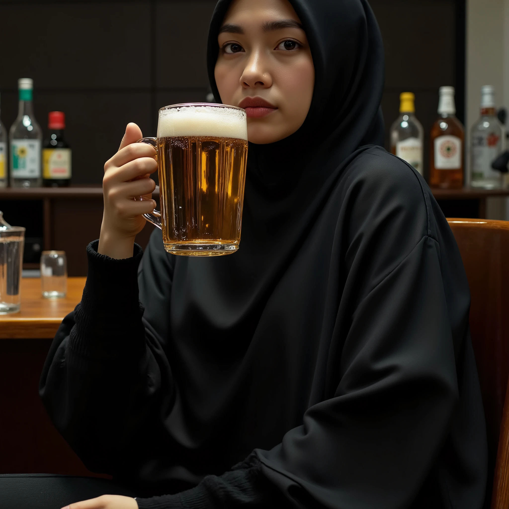 " 1woman, 55 Years Old, Hijab Indonesian Mature Woman, (((Tight Shirt))), ((Large breast:1.6)), Close-Up, realistic skin texture, shiny skin, Hidden Bar, black thighhighs, Dimly Light, Drinking Huge Of Glass Beer, Sobber Expression, A Lot of Vodka bottle at Her Desk.