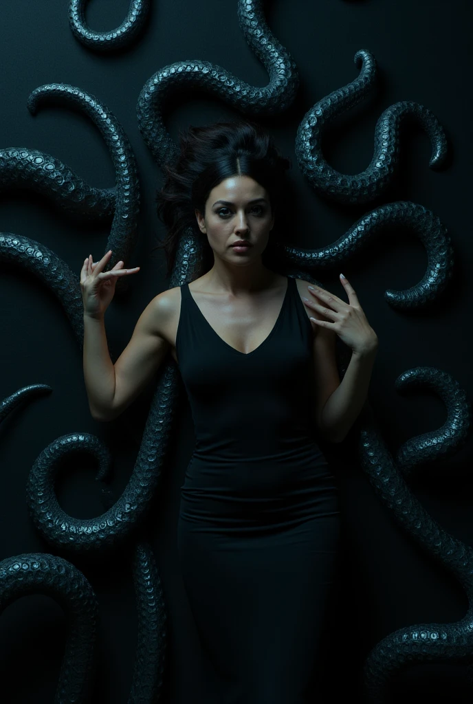 Mila Kunis, 25 years old, in a sheer nightgown, in a trance, being carried by giant slimy eldritch tentacles through a night sky, the tentacles emerging from a UFO, detailed portrait, beautiful detailed eyes, beautiful detailed lips, extremely detailed face, long eyelashes, realistic, cinematic lighting, dramatic shadows, glowing UFO, moody colors, muted tones, gothic, surreal, psychedelic, award winning, 8K, hyperrealistic, photorealistic, masterpiece

