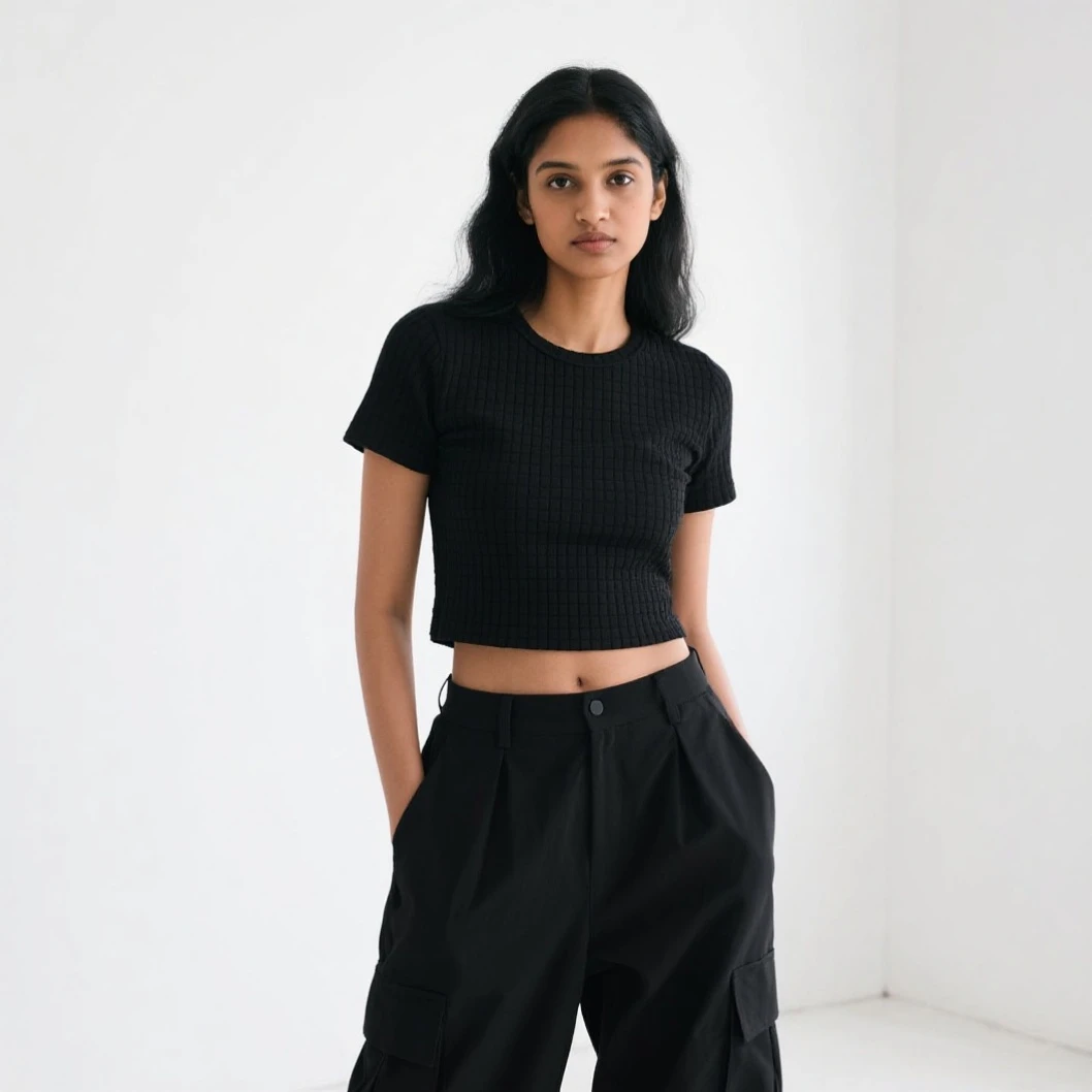 A 15 years old indian school girl wearing black t shirt and long skirt set in a table also wearing head phone

