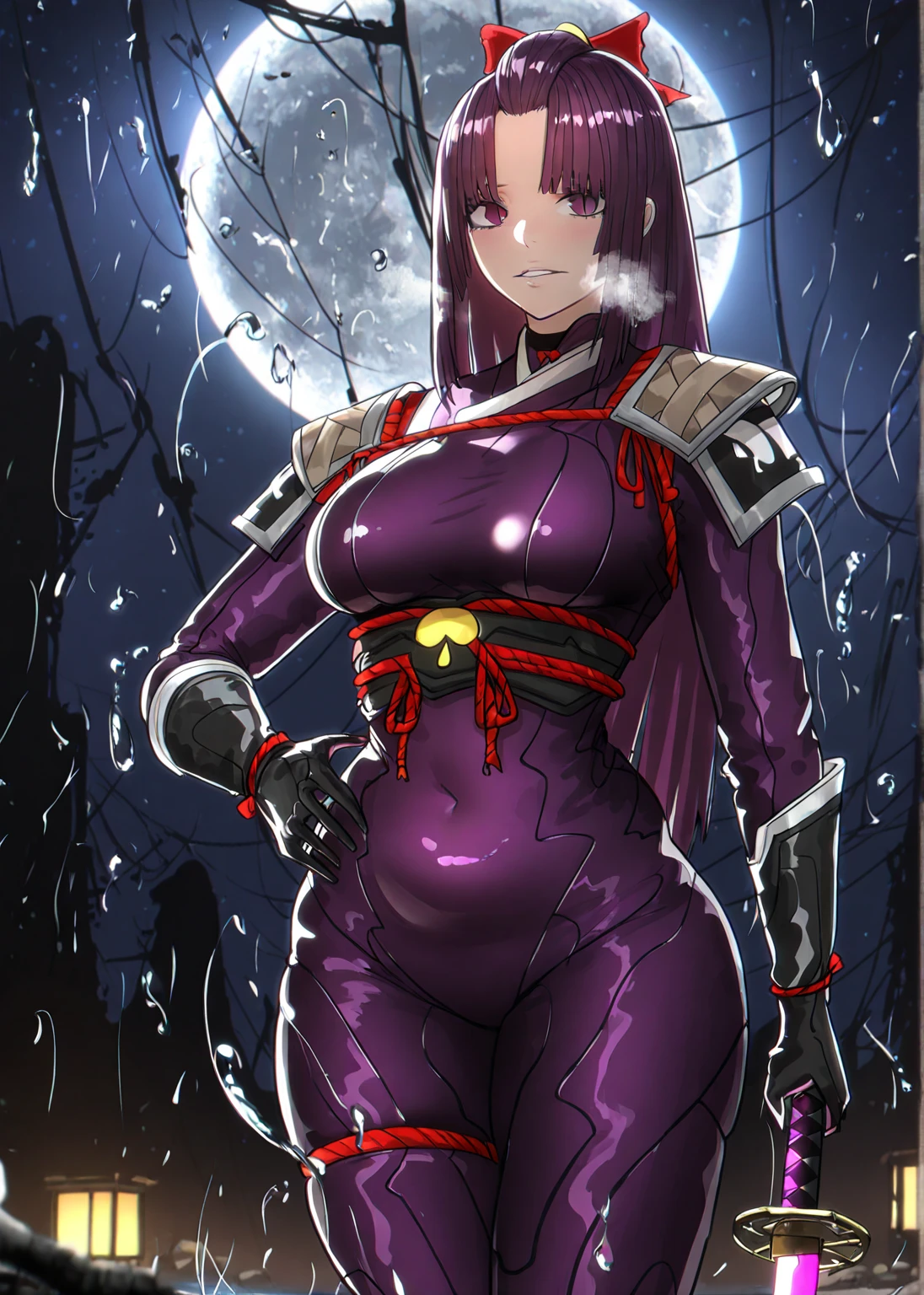 ggstduel, (minami_koyogi-style:1.4), (norman_maggot:0.8-style), ((anatomical correct)), ((Cinematic, unreal engine, eye-catching, ambient occlusion, UHD, masterpiece)), ((perfect lighting)), perfect body, perfect eyes, perfect fingers, gasping, heavy breathing, gasping profusely, ((skindentation)), ((curvy)), SHIKOKU_(MATO_SEIHEI_NO_SLAVE), purple hair, purple eyes, slit pupils, long hair, hair bow, red bow, parted bangs, ribbon trim, half updo hair, bangs_pinned_back, straight hair, ((medium breasts)), plump, 1girl, breasts, moon, bodysuit, solo, full moon, glowing sword, sword, night, gloves, covered navel, looking at viewer, purple bodysuit, black gloves, rope, parted lips, skin tight, armor, night sky, hand on own hip, moonlight, sky, planted, outdoors, elbow gloves, water drop,
