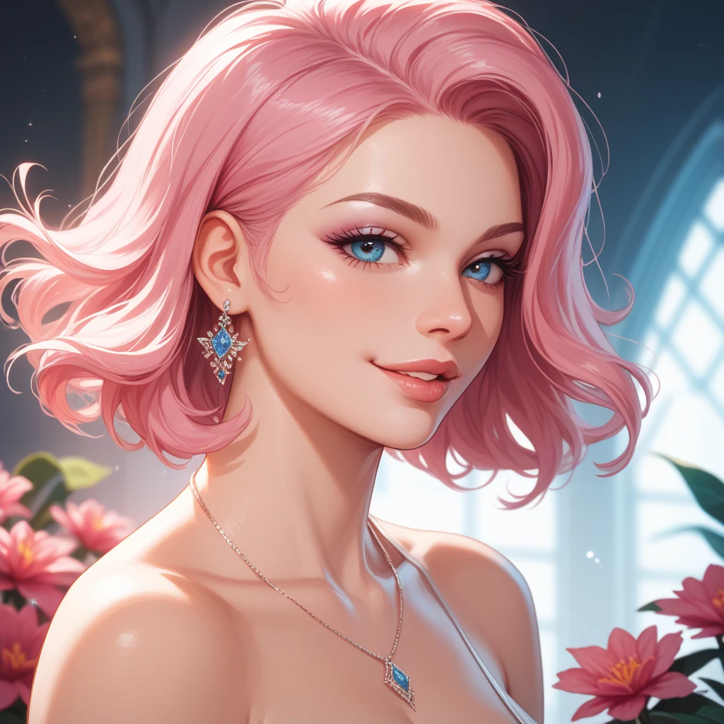 highly detailed, 8k, masterpiece, 1girl, Blue pink_hair, nude, smile, (perfect_face), bound, close-up, bdsm, on_back, ornate, intricate, dramatic lighting, 4k, detailed_background, caustics, full_body,  