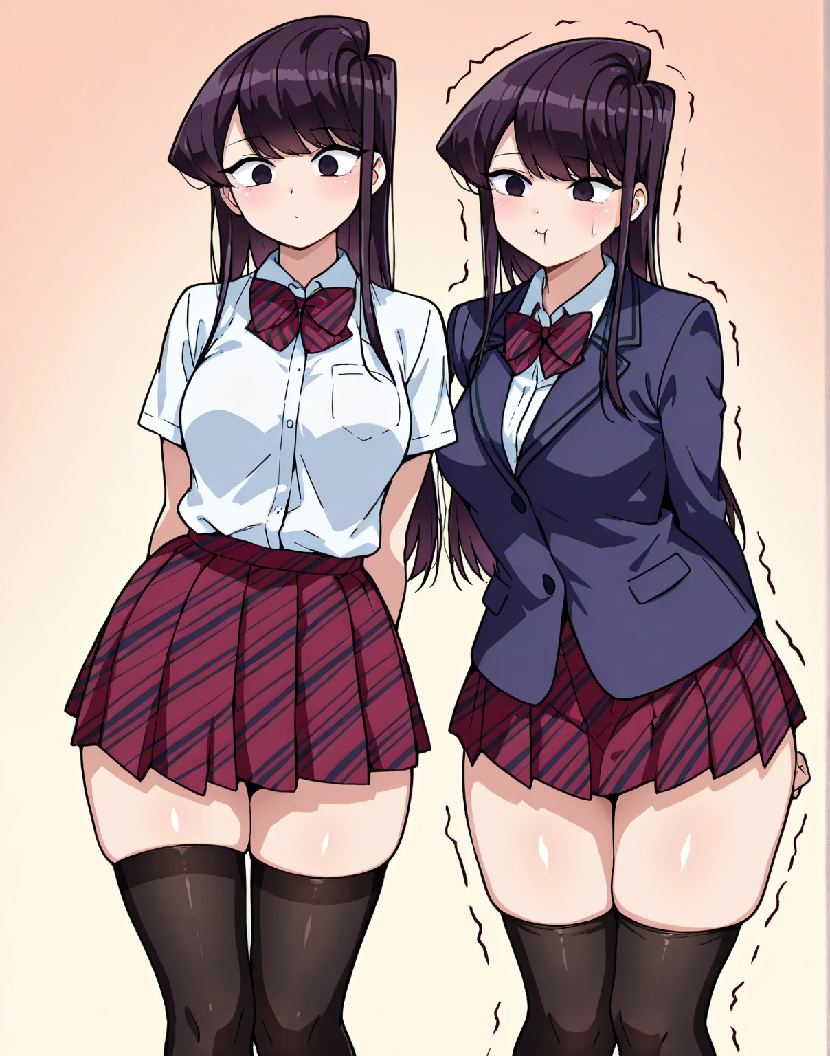 ((2 girls:1.5))、smile、blush、shirt、のskirt、、((fun!))(small breasts)、chiralism、black hair、()、(黒いskirt:1.3)、bow, button, 襟の付いたshirt, long sleeve, マイクロskirt, プリーツskirt、(Jacket)、 skirt, socks, thighs, 白い shirt, ((classroom:1.5)),(skirtを掴む:1.5)、 (perfect hands, perfect anatomy),cowboy shot、(skirt lift:1.3),(highly detailed white panties:1.3)、(highly detailed panties:1.3)、、(skirt that rolls up:1.3)、(fully exposed panties:1.5)、