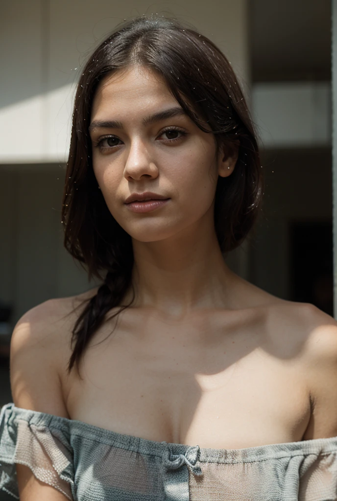 RAW photo,bright,cold,moody,hazy atmosphere,35mm focal lenght,underexposed,cold,candid photograph,artistic,photograph of a beautiful,influencer,30yo Moroccan woman,detailed skin,fully naked,looking at viewer, candid pose,bright room,blue light, film grain, kodak color, instagram LUT