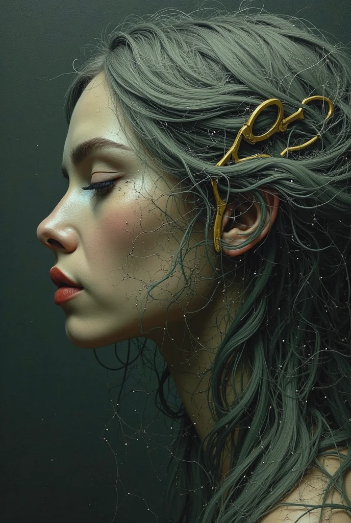  The work shows a woman with a profile, with serene but determined features, in a dark and atmospheric environment.  His long hair , painted in cold tones ( gray ,  dull green ), is entangled in thick roots being cut by a gold scissor,Make the abstract image