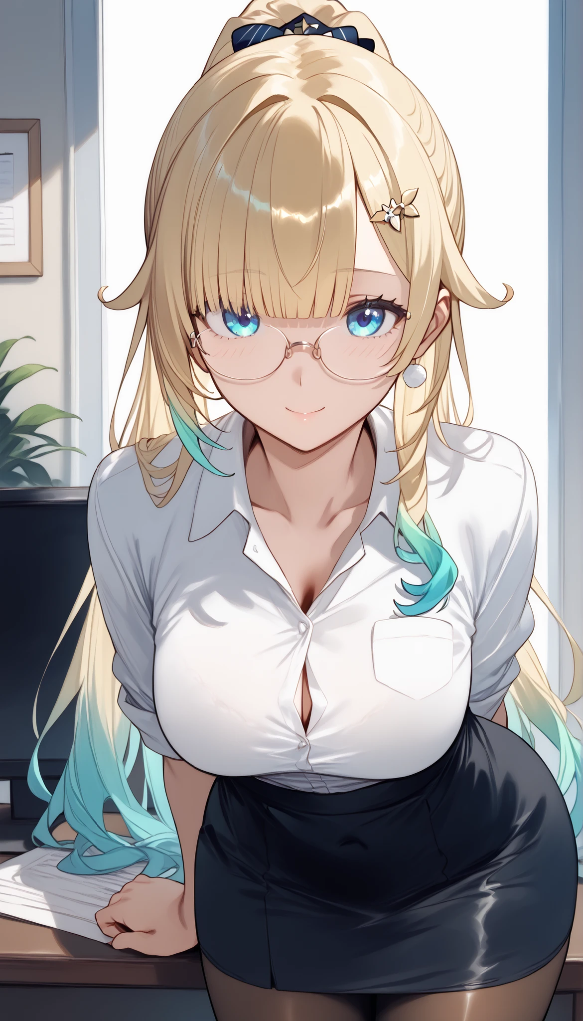 masterpiece, score_9, score_8_up, score_7_up, anime, pinup, masterpiece, full twinkle, perfect face, best quality, high resolution, aizawa ema, 1girl, virtual youtuber, blonde hair, aqua hair, gradient hair, long hair, very long hair, blunt bangs, blue eyes, large breasts, high ponytail, standing, frontview, black suit, black skirt, white shirt, black pantyhose, office, glasses, leaning forward, arm behind back