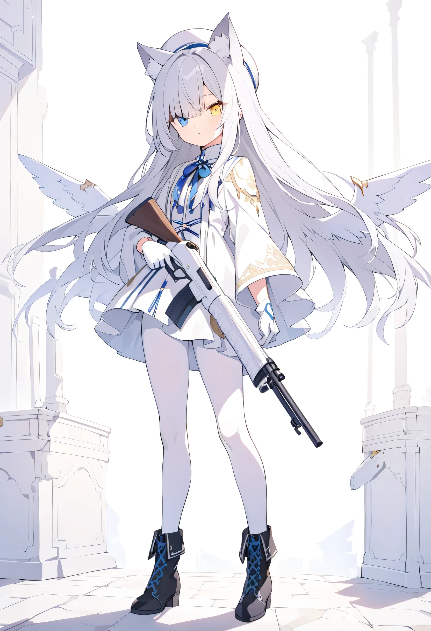 long hair,Silver Hair, girl,Cat ears,alone,Heterochromia(Left blue right yellow),white robe,White Pantyhose,Western European style, Wings ,square,white gloves,white beret,standing,Long bangs,white shotgun,Holding a gun, black boots