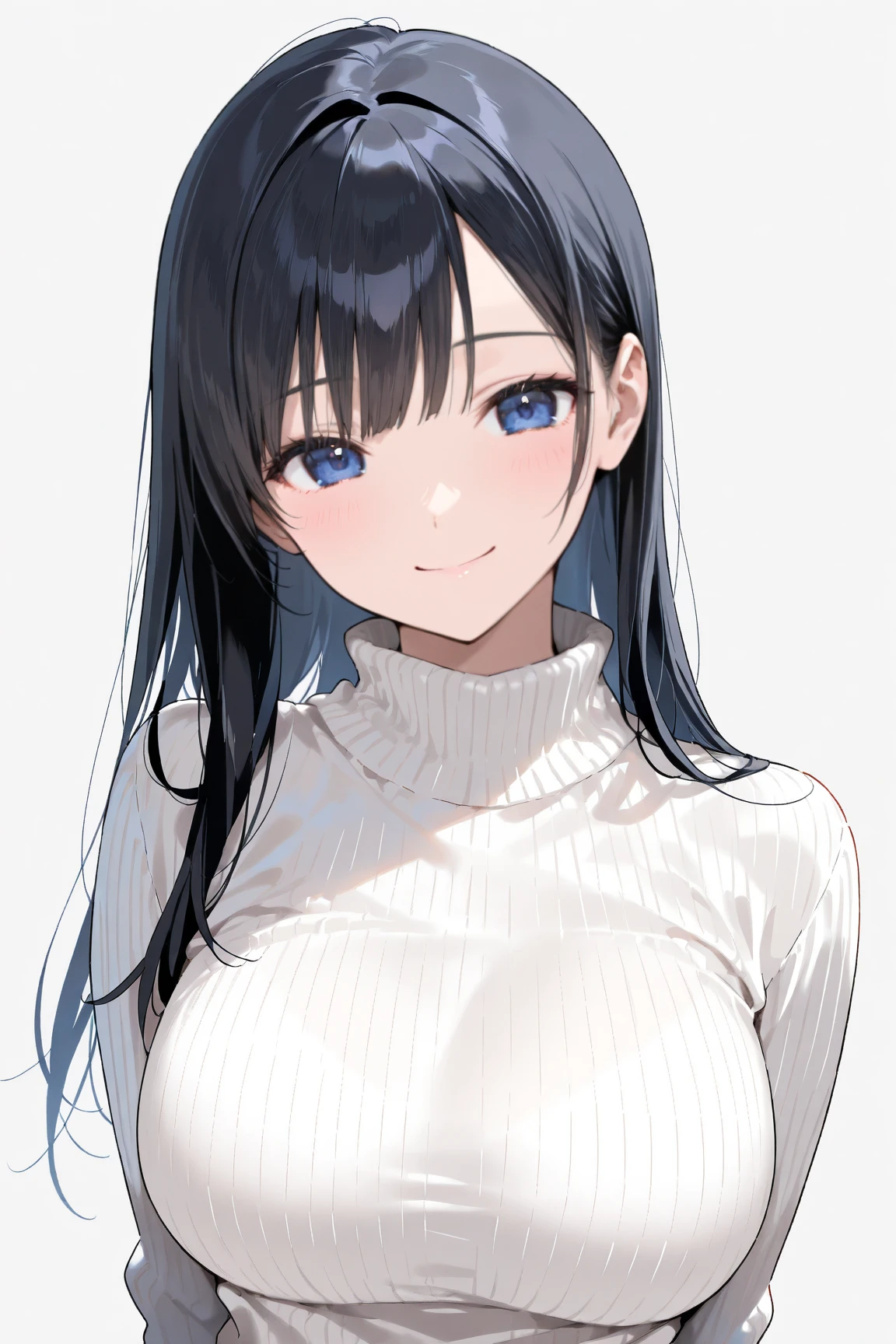 Hime cut with long black hair、Has straight bangs and blue eyes、Big breasted girl wearing off-the-shoulder sweater。No background、The girl has a relaxed, calm and satisfied look。