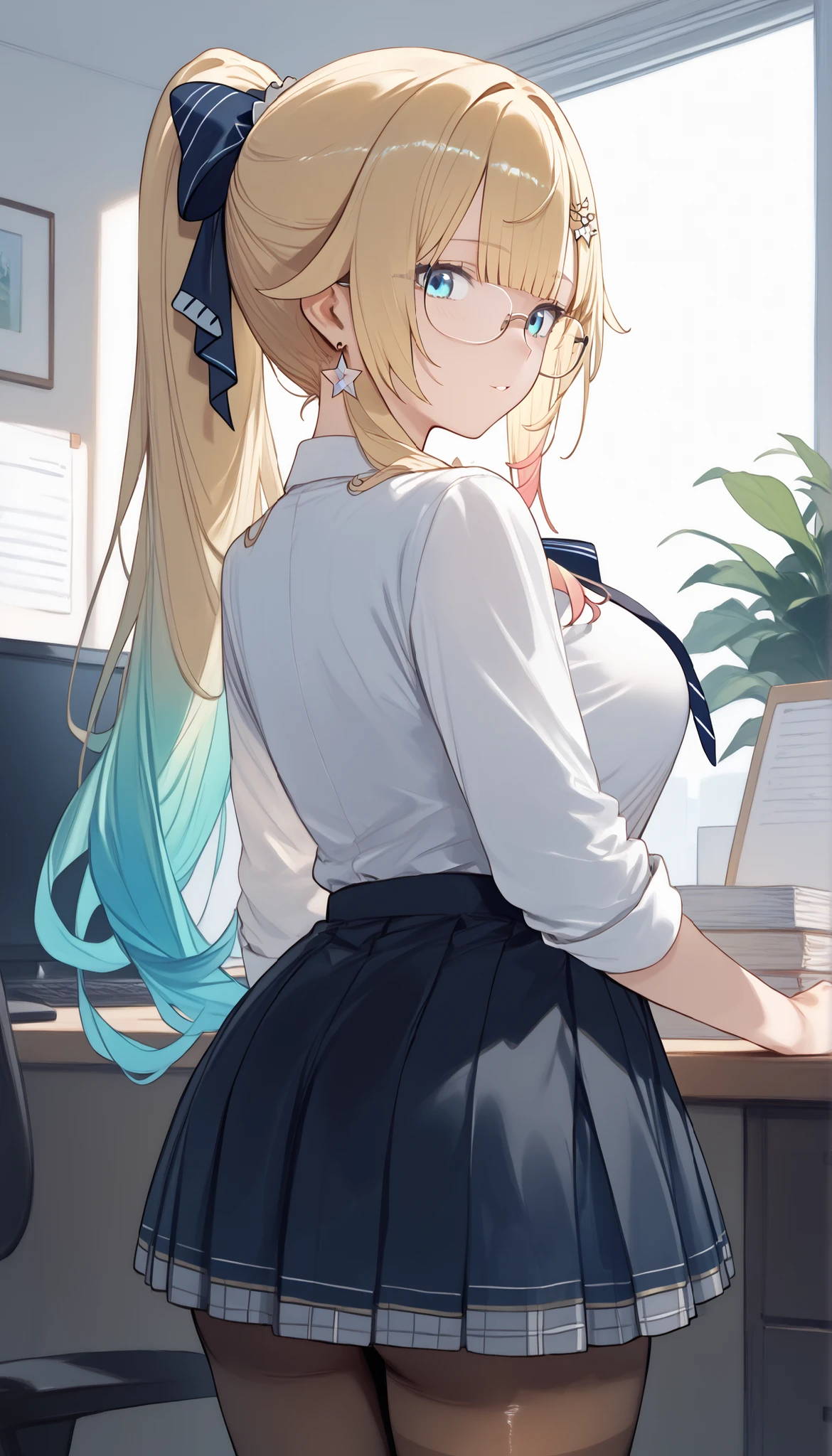 masterpiece, score_9, score_8_up, score_7_up, anime, pinup, masterpiece, full twinkle, perfect face, best quality, high resolution, aizawa ema, 1girl, virtual youtuber, blonde hair, aqua hair, gradient hair, long hair, very long hair, blunt bangs, blue eyes, large breasts, high ponytail, standing, arched back, back view, black suit, black skirt, white shirt, black pantyhose, office, glasses