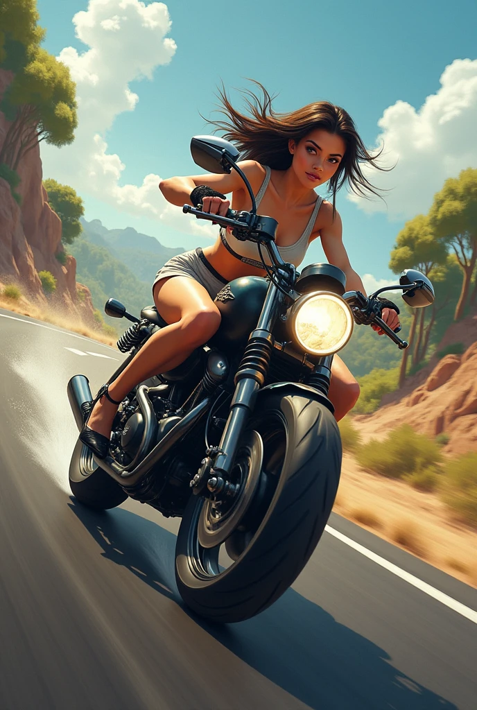 (1 screen,from behind), (highest quality, masterpiece:1.2),Super detailed,(Realistic:1.37) ,((The sun is dazzling, Sweat:1.3)), Detailed background depicting a majestic mountain slope, (Large motorcycle manufactured by HONDA(Off-road type)driving:1.5)), On all fours, Young woman running on a slope(Black Bikini:1.5), (Helmet,Riding gloves,Riding Boots:1.4), (8 heads,large with tension,Beautiful back,Small waist,Big Ass), Arson stretching out in the sunlight shining through the mountaintop々, Beautiful landscape decorated with earthy colors, A hopeful and optimistic picture, Expressions that bring gentle feelings to the viewer, Emphasize the landscape by placing a small portrait in the background