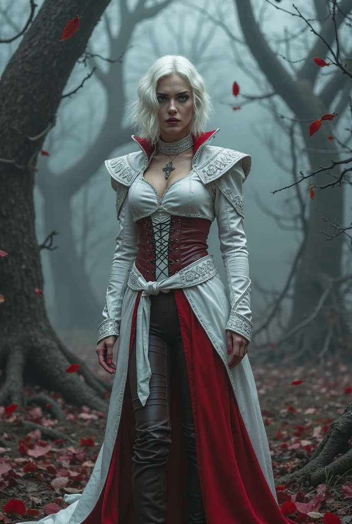 a young human woman with spiky red mane and white tight clothing of shirt and pants and boots and cloak with a greatsword at her back walking in a swamp of a fantasy world