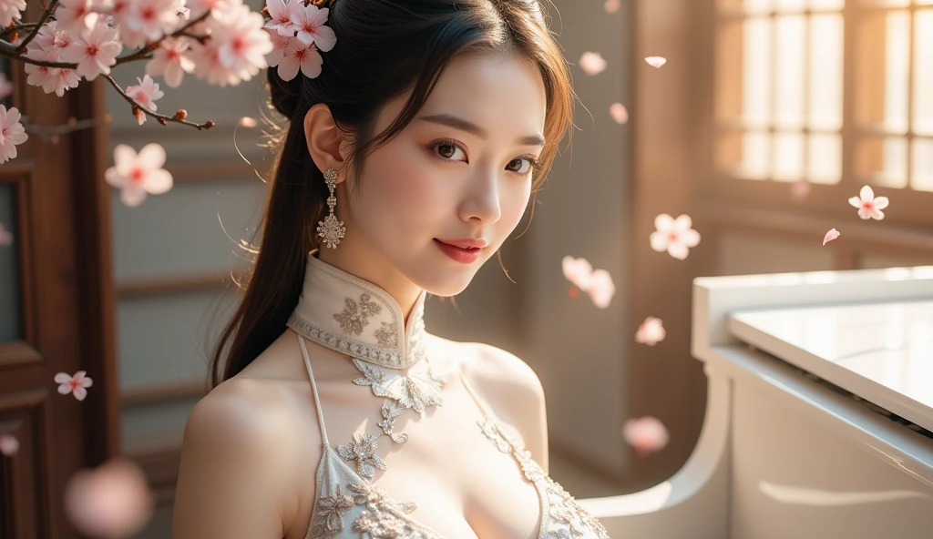 realistic,(earrings, breast), from side, male pov,
(girl), (Bridal Accessories for hanfu Cheongsam Kwa Phoenix), (strapless), (shawl), (Cosplay photo), ((cleavage)),
chill out, highres, french braid, heterochromia,
((huge breast)), ((large breasts)), (mole),
(looking at viewer), ,