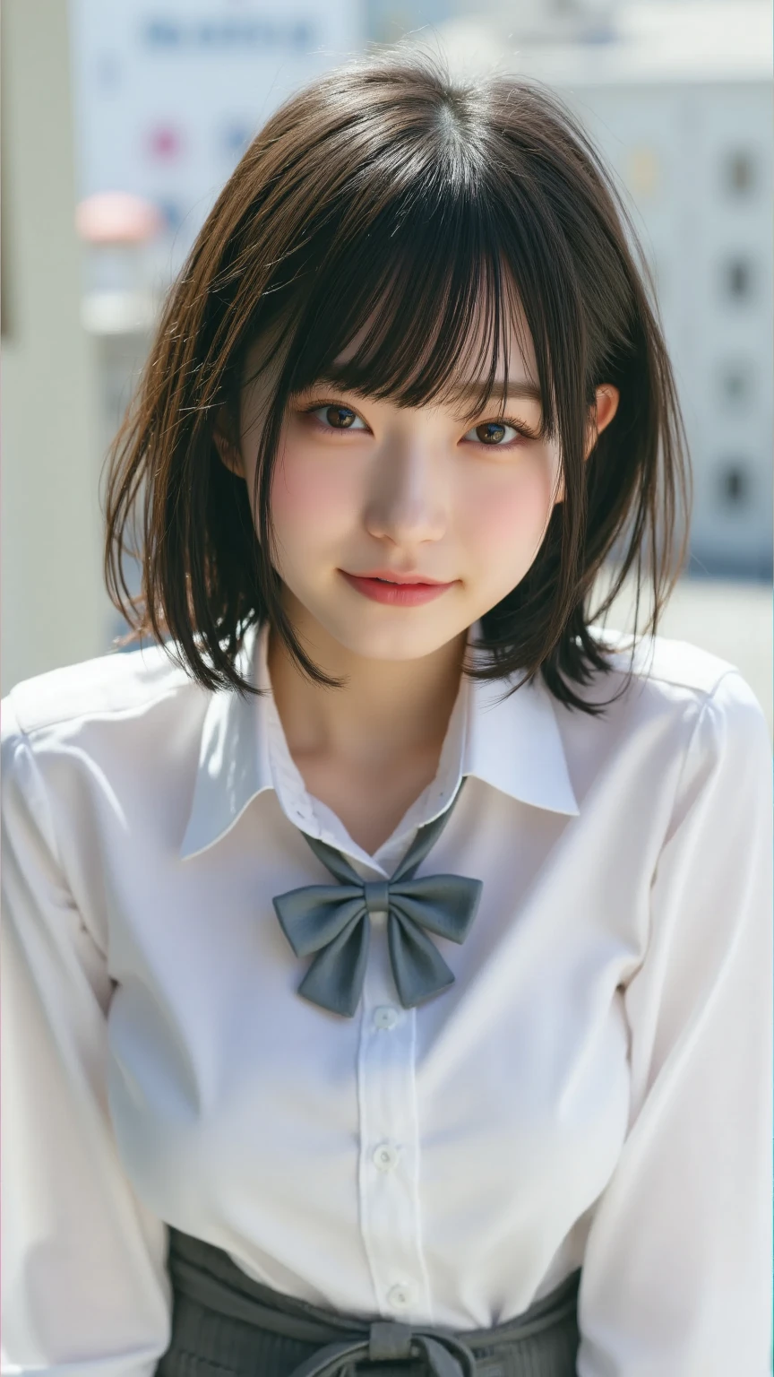 (masutepiece, Best Quality:1.4), 8K, 15yo student, Official art, Raw photo, absurderes, (Close up face:1.4), (White dress shirts:1.2), School uniform, violaceaess,  gardeniass, Delicate girl, Short sleeve, From  above, (Navy pleated skirt:1.2), Teen, zora々Right, Street, Looking at Viewer, arching back down, No makeup, a bow tie, Film grain, chromatic abberation, Sharp Focus, face lights, Dynamic lighting, Cinematic lighting, Eyes and faces with detailed, Bokeh background
