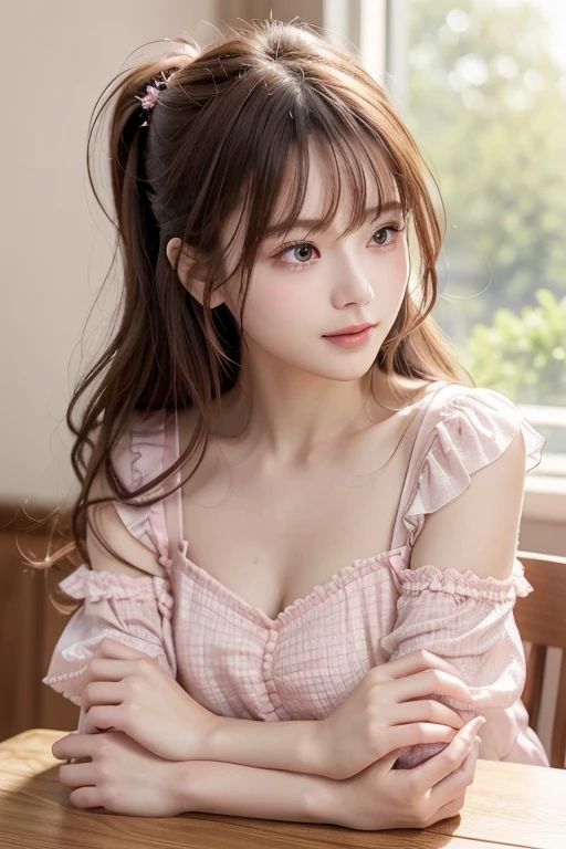 ((of the highest quality, 8K, masutepiece: 1.3, Raw photo)), Sharp Focus: 1.2, (1 AESPA Girl :1.1), Solo, (Realistic, Photorealistic: 1.37), (Face Focus: 1.1), Cute face, hyperdetailed face, Short messy hair, or pony tail, Small Smile, nude, (Off-the-shoulder chiffon dress: 1.3), thigh, look back, office, iris