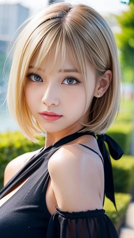close-up of beautiful korean female, 34 inches breasts size, blue eyes, wearing as Android 18 from Dragon ball , bokeh background, UHD