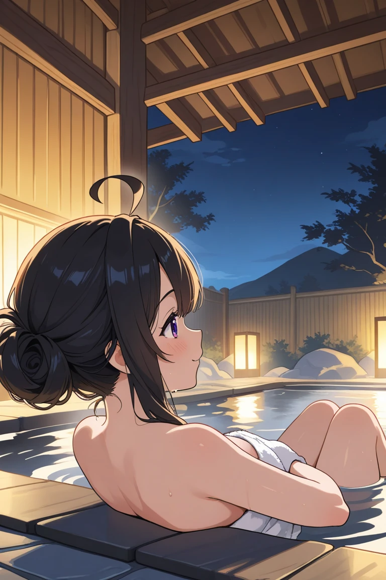 Left hand lifts right ankle　Forehead visible　Open-air bath on moonlit night　Tecateca、、Kojiri、slim figure、slenderness、slender、Petite bust、Slim Girl Model、Beautuful Women、backs、Slender eyes、Brunette spreading in bathtub　Long hair on silver hair　low angles、zoomed out、Upper body naked、 、perspired、red blush、buttock、Bite、Spread your legs apart