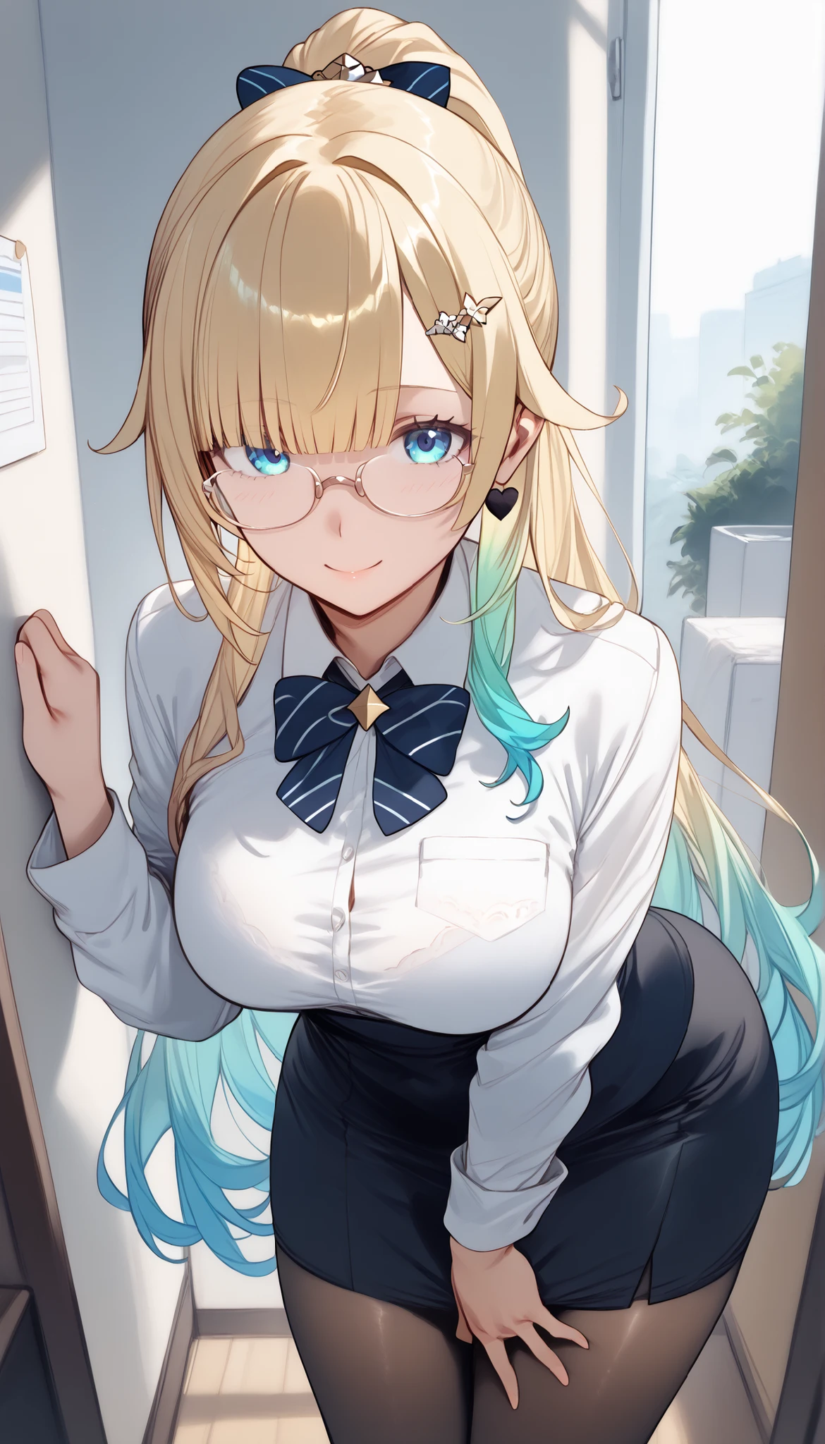 masterpiece, score_9, score_8_up, score_7_up, anime, pinup, masterpiece, full twinkle, perfect face, best quality, high resolution, aizawa ema, 1girl, virtual youtuber, blonde hair, aqua hair, gradient hair, long hair, very long hair, blunt bangs, blue eyes, large breasts, high ponytail, standing, frontview,  black suit, black skirt, white shirt, black pantyhose, office, glasses, leaning forward, standing against the wall