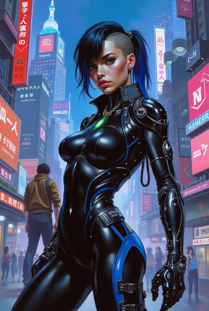 1 ultra hot gorgeous European Cyberpunk woman. Age 23. cowboy shot, NSFW, futuristic, mechanical aesthetics, complex machinery, high-tech futuristic Cyberpunk city in the background, virtual engine 5, cinematic lighting.