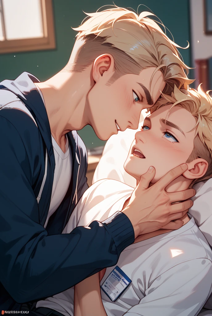 Two white-skinned boys make out
