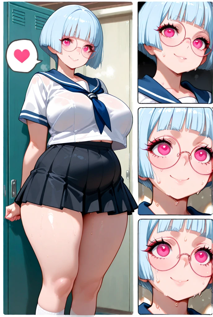 big lips, pink hair, pink eyes, cara japonesa Ahegao, improve, improve grin, two sides up, huge breasts, Wide hips, sexy, detailed,  room, Hits, Ahegao, kawaii, police pants, police, GOOD,police costume, police shirt,  choker, police pants, police shirt,navel piercing,ropa interior,huge breasts,use glasses 