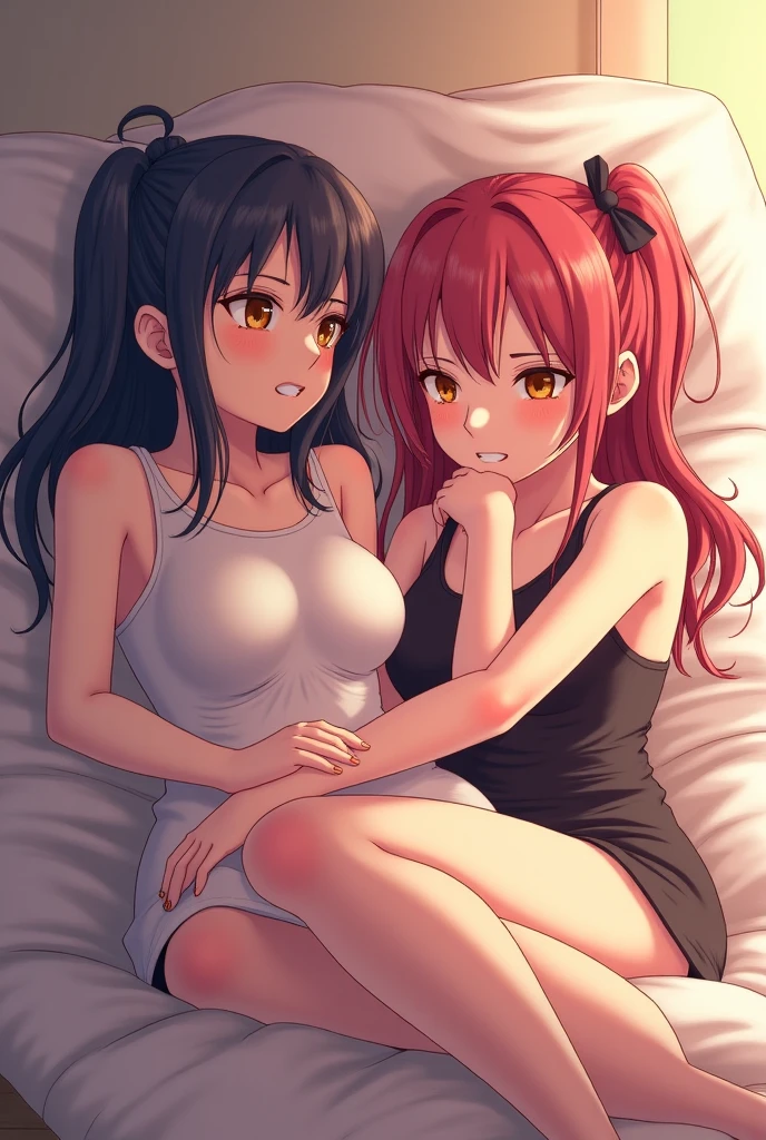 1girl, ((2heads, conjoined twins:1.5)), pink hair, (messy haor, hair between eyes:1.1), brown eyes, medium breasts, bedroom, (dark:1.15) purple background, white singlet, blue shorts, sleepy, on bed