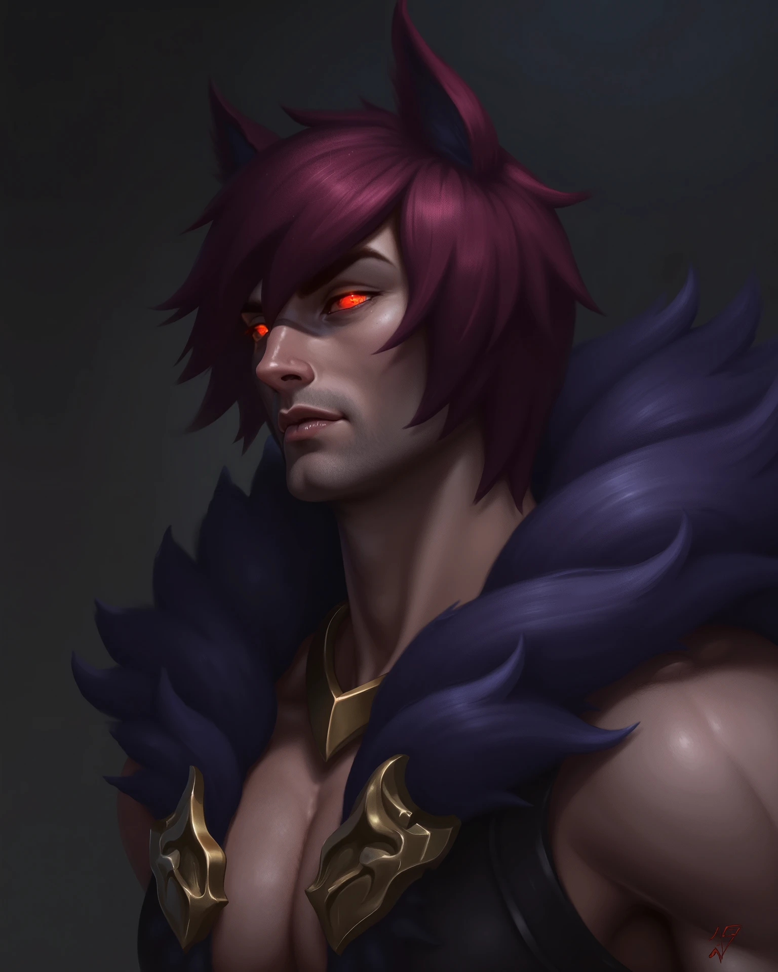 Realistic digital painting of Sett from League of Legends, upper body portrait, positioned in a three-quarter profile view, looking slightly upwards. He has a fierce, angry expression on his face. His eyes glow intensely with a red halo of light. Detailed muscles, fur collar, and subtle battle scars. High contrast lighting, dramatic shadows, and realistic textures. Background is dark and moody to enhance the glow of his eyes.