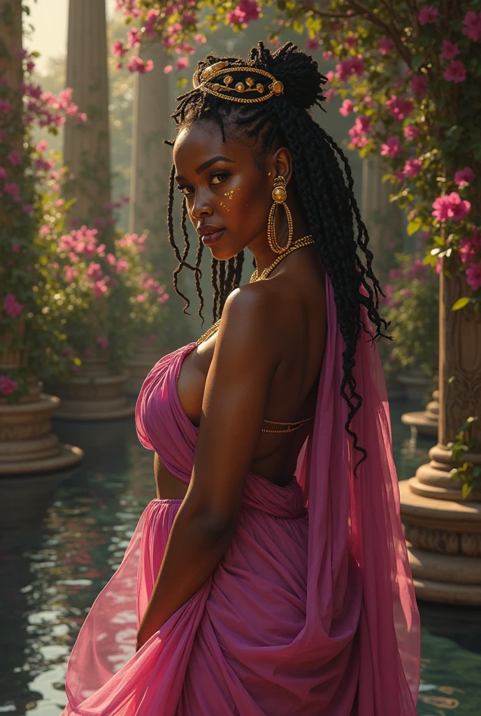 An 1800s theme cinematic photo of an enchanting and alluring African American woman, resembling Halley Berry, who exquisitely beautiful, in high-contrast, warm-toned digital photography, capturing the subtle dance of light on her porcelain skin. Her delicate features are rendered in lifelike precision, from the whisper-thin eyelashes to the full, rosy lips, against a backdrop of soft, gradient blues and purples, evoking a mystical, dreamlike atmosphere. Vibrant crimson accents adorn her luxurious, flowing attire, imbuing the scene with a sense of opulence and mystique, as her piercing emerald gaze beckons the viewer into her intimate, mystical realm.