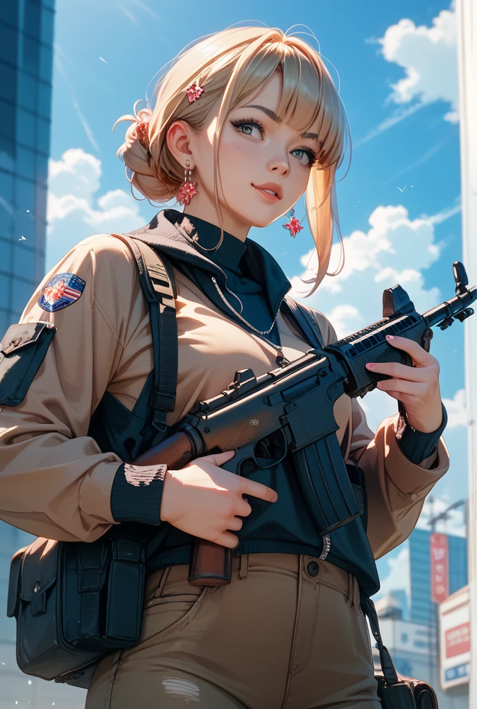 Elaizaikedareal, 1girl, solo, short hair, skirt, blonde hair, red eyes, gloves, ponytail, weapon, pantyhose, hairband, boots, holding weapon, gun, black pantyhose, rifle, one knee, sniper rifle, scope, shell casing