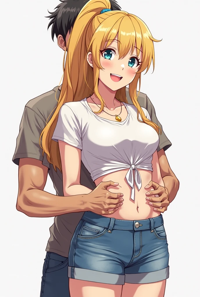 (masterpiece, Best Quality:1.2), absurdities, perfect anatomy, 1 girl, full body, looking at the viewer, blunt bangs, ( Denim shorts:1.1), Focus only, Soft lighting, (blue eyes), blonde hair, very long hair, twintails, Airi Akizuki, medium breast, striped tights, she is kneeling, no bra, He is covering his chest with his own arms, no bra, show feet