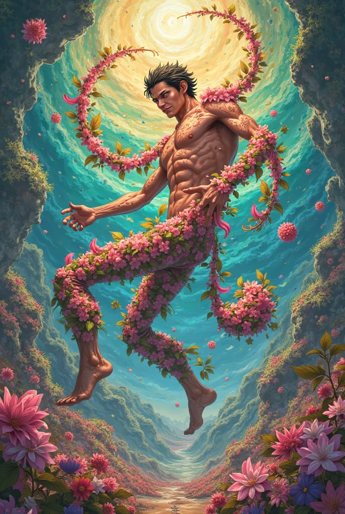 athletic man, wearing a fancy loincloth, colorful body paint, extremely detailed, detailed face, fractal art,colorful,highest detailed, (dynamic pose), (beautiful flowing rainbow rose petals), fractals, abstract background,shiny skin, colorful, flowers, acid colors, illustration, oil painting