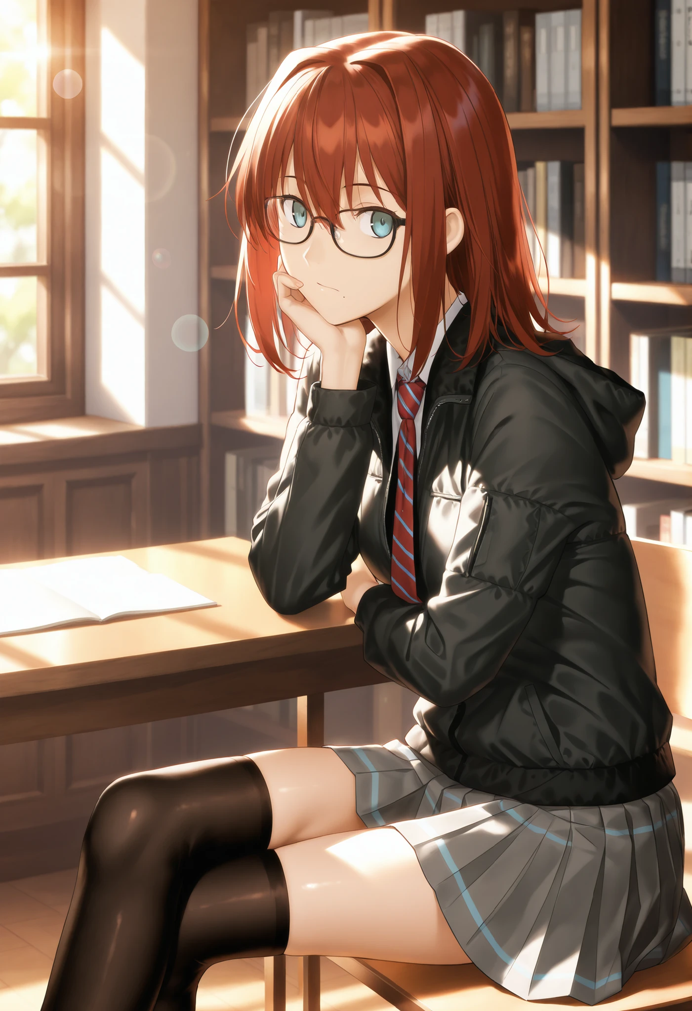 masterpiece, , absurdres, highres, detailed background, high resolution, masterpiece, necessary, detail, best quality, quality, necessary, details, High details, Precise, indoors, school, library, (dappled sunlight), day, lens flare, blurry background, (from side), solo, ,
1girl, , (type-moon,) style, koyama hirokazu style, ,, shiny skin, mole under mouth, thinking, (head tilt), sitting, leaning forward,
tall girl, mature, slim body, slender body, brown red hair, medium hair, light blue eyes, ,black frame glasses, , hair between eyes, ((black Down jacket)), in seifuku, red necktie, stripe necktie , pleated skirt, dark gray skirt, mini skirt, crossed legs, black thighhighs, , cowboy shot , ,,, looking at viewer,, flat chest , (aged up:1.5), ,