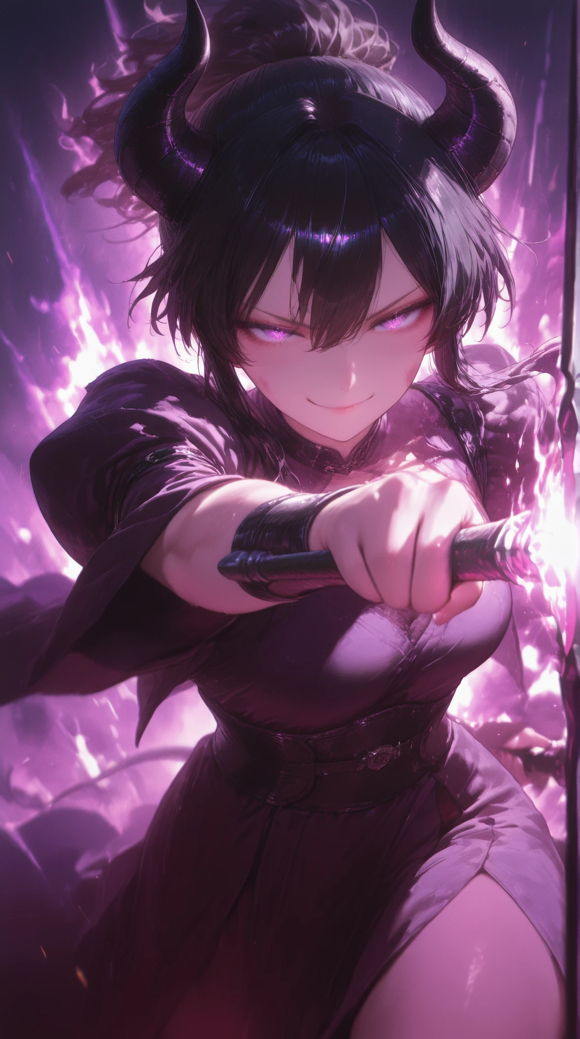 anime screenshot, 1 adult girl, dark sorceress witch, magic battle scene, powerful sorcery technique, anime tv, anime fantasy shonen, dark fantasy, magic ability, pink fire skeletons, cel shading: adult female witch in attack stance, crawling ready to attack, chained in holy shackles, very short charcoal black hair covering her face as if very dark and light, a look of murderous madness and an athletic body, dark torn clothes with a long dirty torn dress, skeleton flames pink summoning