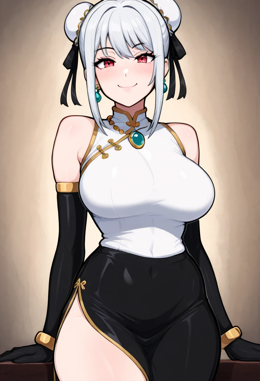 ultra realistic 8k cg, masterpiece, (( intricate detail, highly detailed, fine details best quality, hyperdetailed face)), gigantic breasts ,beautiful lighting, absurdres, BoaHancockV2, 1girl, solo, (white hair : 1.4), long hair, jewelry, closed mouth, ), (chinese dress, (cleavage), elbow gloves, thigh boots, split skirt, bare shoulders, curvy, midriff, curvy, thighs, shiny clothes), blue eyes, (complex detailed background, indoor, luxury palace), ((cowboy shot)), curvy, (gigantic breasts: 1.2), seductive smile, cowboy shot,, (( tan skin: 1.1)), (( tan face: 1.1)), elf ears