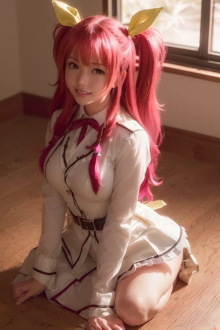 masterpiece, top-quality, hight resolution, Colossal tits, Long-sleeved sailor suit、a short skirt,Sheer white pantyhose,female students、Nasty laughter、Provocative smile、Full body like、dim bedroom、Flip up your skirt and show off your panties、Wear light blue panties over pantyhose、open one's legs、The crotch is wet with love juice、covered in cum、Pantyhose