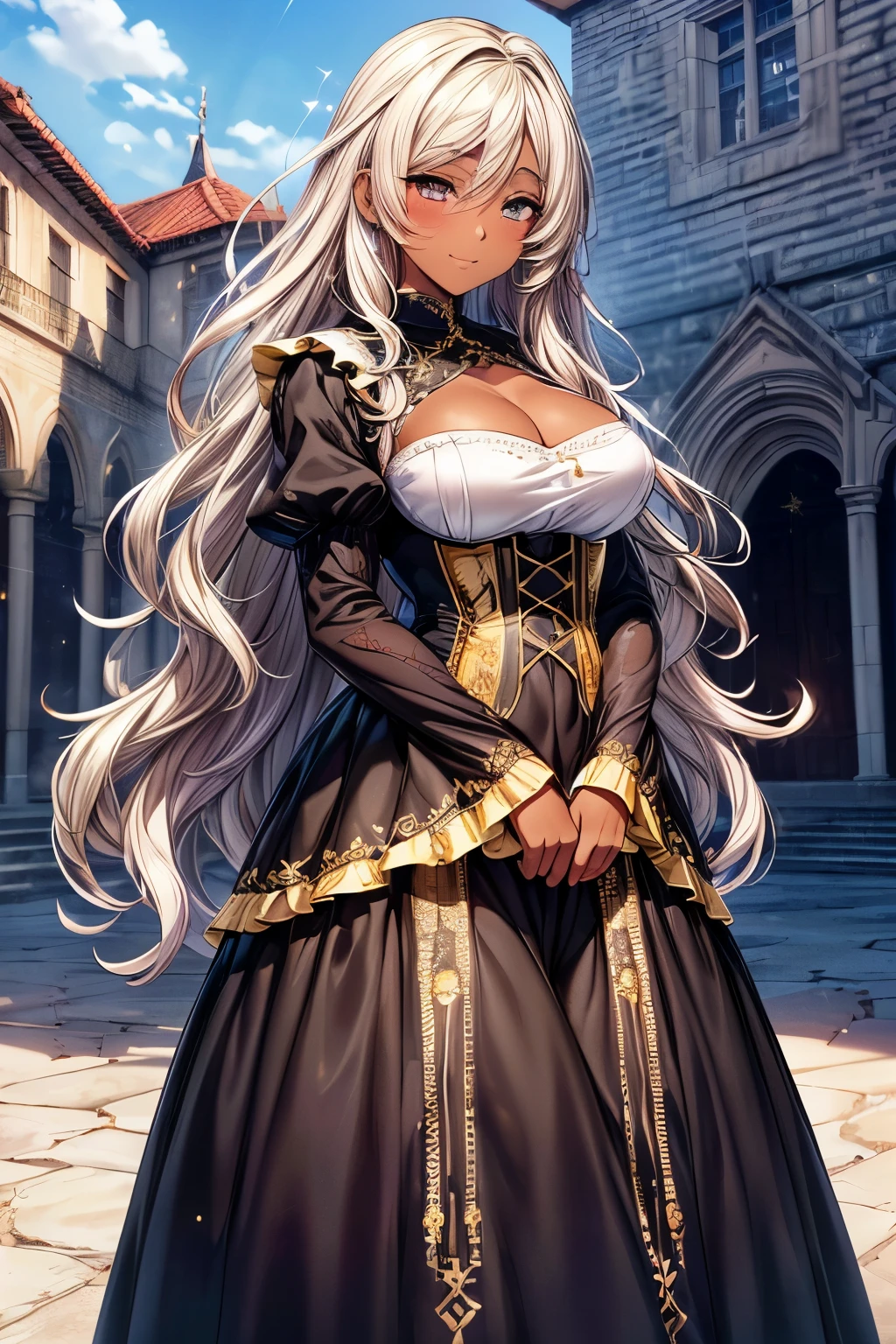 (masterpiece, best quality:1.2), cowboy shot, solo, 1girl, carla cromwell, evil smile, circlet, dress, center opening, pantyhose, armlet, bracelet, belt, cleavage, large breasts, silver hair,outdoors, castle