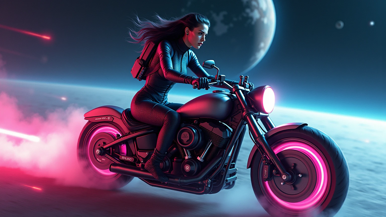 Tall Tough tattooed biker chick with two strong legs dancing on Saturn's moon Calisto, looking like a creation that could actually survive there, skirt dress touches ground, magic, art, wind, wind blown, spark, lightshow, fireflies, dust at her feet, extreme brightness, extreme dark shadows, watching the rise of the distant Sun, with Saturn fully visible in the foreground, 36k resolution Kodak professional photography, hyperdetailed, Waiting to start