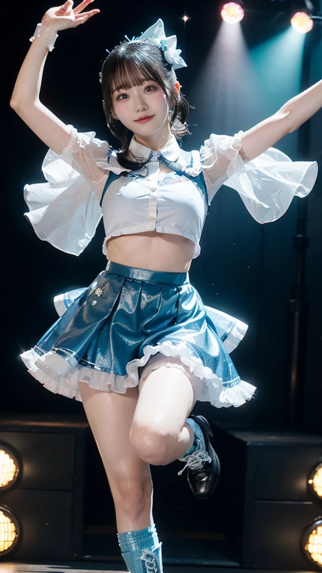 (An 18-year-old idol girl dancing on stage:1.5)、(Cute smile:1.2)、(The best quality at its best:1.4), (Super detailed), (Very detailed CG unified 16k), Beautiful woman with perfect figure: 1.4, Sharp focus: 1.2, Very detailed, High-quality RAW color photos, Professional photography, Great face and eyes, cosmetics, (Amazingly beautiful girl), ((Cute idol costumes:1.5)), Sexy posture，(View from below), Realistic movie faces, Full body long view from head to toe, Realistic, ((Realistic natural orange red hairstyle, Realistic blue eyes)), ( Short Bob Hair:1.5), (necklace:1.5)、, Very beautiful face, Perfect model beauty, Mouth swelling, Highly detailed face and skin texture, Fine grain, double eyelid, Medium chest, (masterpiece), highest quality, High resolution, Very detailed, Blurred Background, Depth of written boundary, Cinema Lighting, Great legs, , Clear, well-maintained skin,