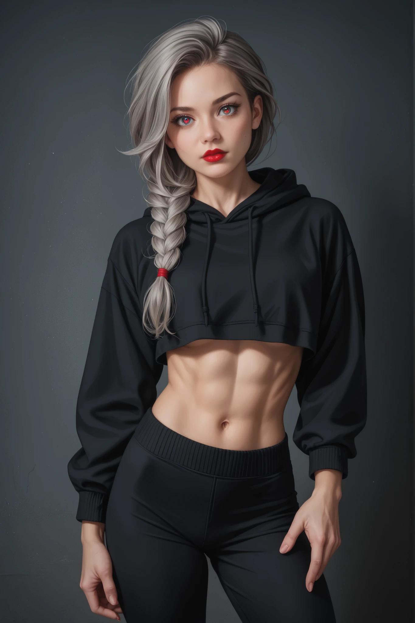 gorgeous girl, braided grey hair, wearing a cropped hoodie, capri sweatpants, red lips, toned stomach, eyelashes, detailed face, volumetric haze, global illumination, natural lighting, beautiful detailed eyes, symmetrical eyes, photorealism, photorealistic, 8k, RAW photo, masterpiece, high detail RAW color photo, best shadow, best illustration, ultra detailed, high contrast, hyperrealism, f1.6 lens, rich colors, hyper-realistic lifelike texture, cinestill 800.
