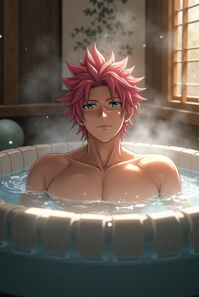 1boy muscular buff full body, masterpiece, best quality red eyes, 1boy buff man ((laying down)) ((sleeping)) dozing in bathtub, rugged face, solo, male focus, facing at viewer, top view, upper body, Natsu Dragneel natsu_dragneel, pink hair, closed eyes, shirtless naked, toned muscle, pectorals, 8 abs, toned legs, ((naked flaccid  and scrotum)), slightly bulged, laying relaxing in a bathtub, open world night time, candles, detailed, dynamic lighting, well lit, ((wet body))