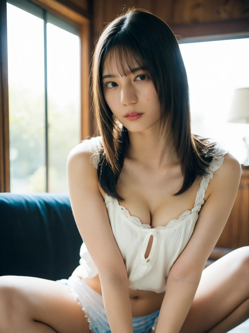 a woman, masturbation, (((arch body))), straddling to touch the crotch on the table, blush, open legs, see through thin blouse and skirt, lace bra detail visible,