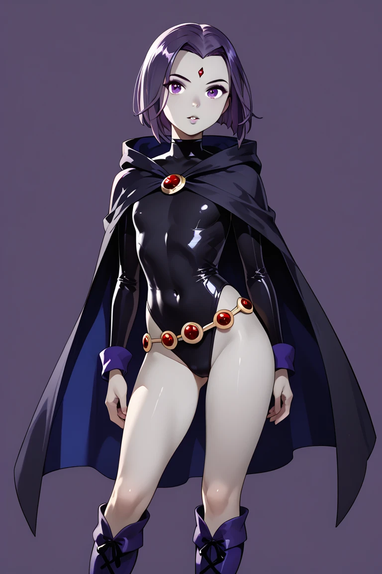 1girl,solo, short hair, purple eyes, pale skin, athletic,rvn,1girl,solo, black leotard, cape, tights, belt, hood on,hotraven