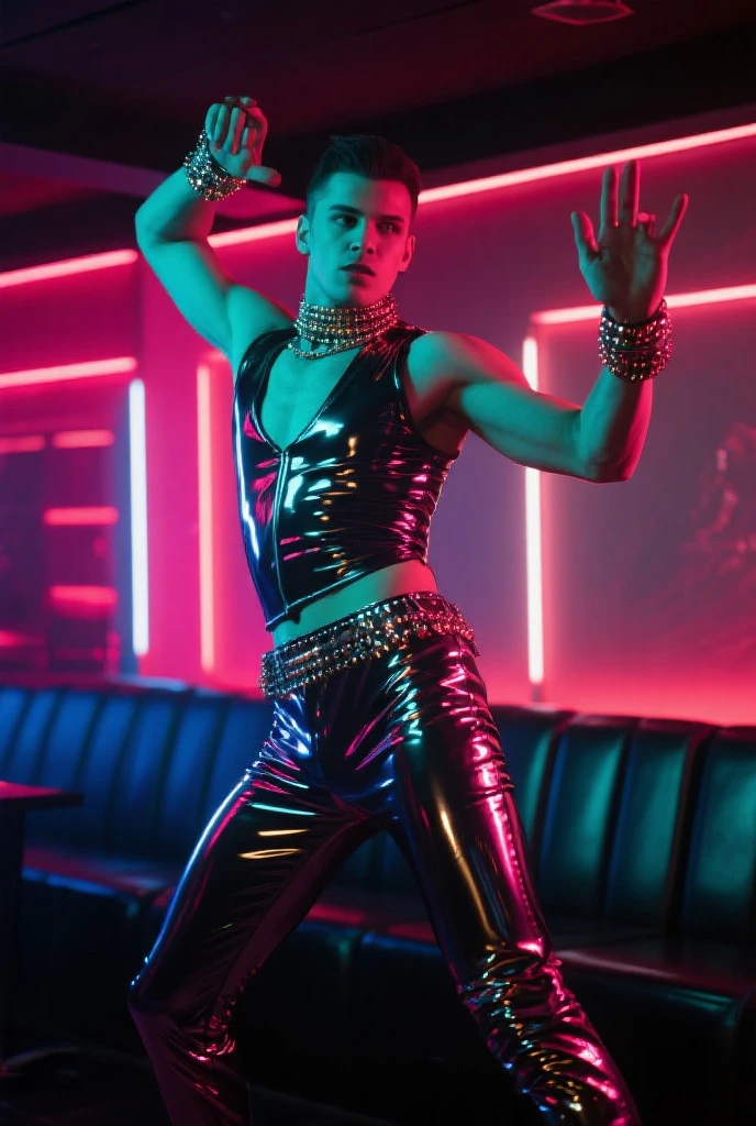 Astonishingly Beautiful Cyberpunk 19yo skinny twink boy a combination of Jonathan Brandis and Justin Bieber, gracefully pole dancing shirtless and barefoot for an audience of nudists in a cyberpunk mega structure at midnight. Sleight build. (Provocative risqué Cyberpunk gay pride style.) Salacious arousing pose. Award-winning Avant-garde picture. Very beautiful people in the crowd. Debauchery. Faces in ecstasy