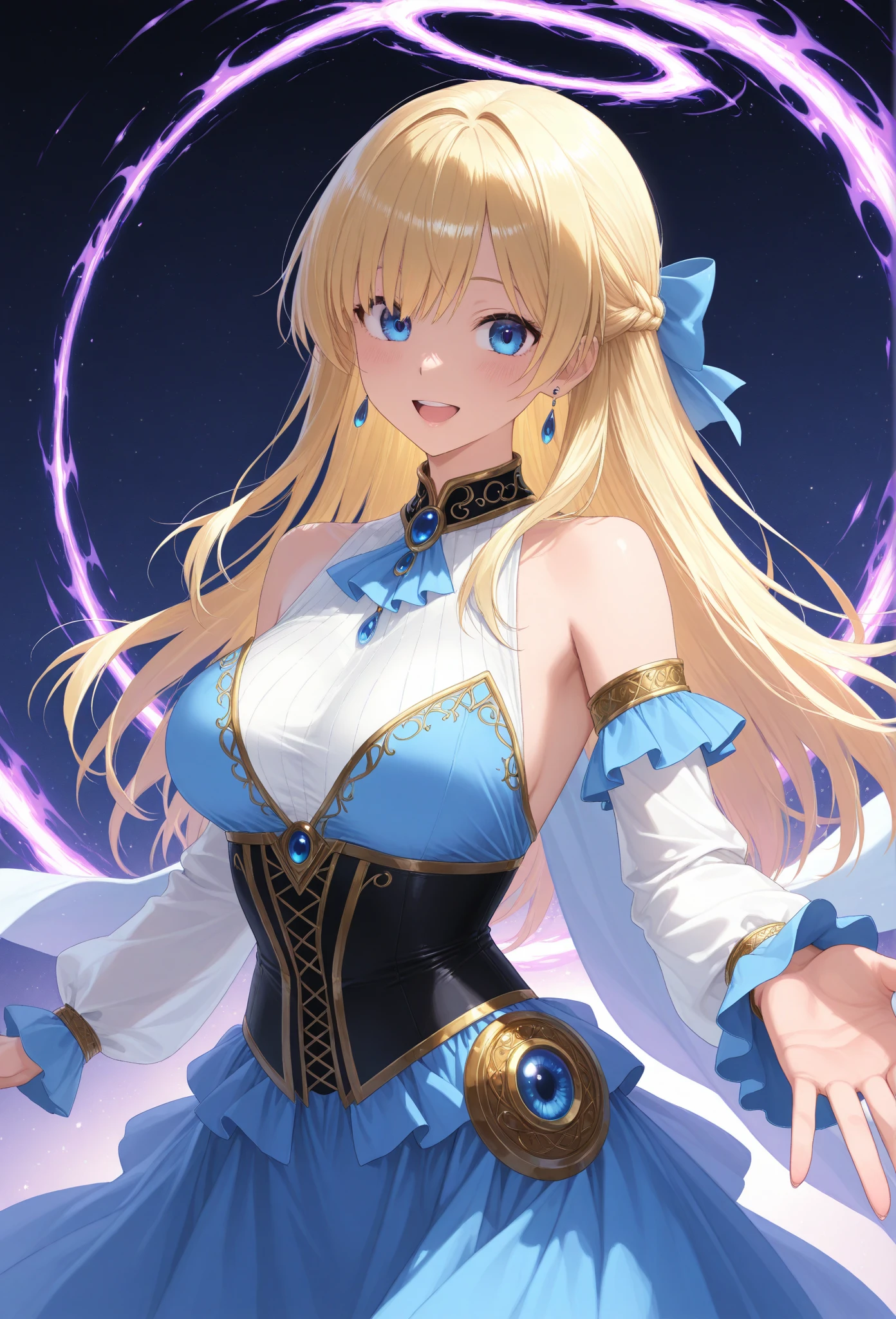 ((masterpiece, best quality;1.3)), ultra detailed, 8k unity wallpapers, CG, ray tracing, illustration, colorful, cinematic shadow, extremely detailed and beautiful background,vhd, shadering VRay,RT, 1girl, teenage, petite, loli, blush, solo, blue eyes, (blush), (blonde hair), (medium hair), (large breasts), slim waist, white glowing skin, highly detailed beautiful face, beautiful face, beautiful eyes, (talented Lo-Fi:1.3), naked, sexy, lewd, ((goddess)), ((intricate hair ornament)), ((miniskirt)), detached sleeves, ((frilled dress)), cleavage cutout, panties, thigh strap, arms behind back, ((colorful explosion psychedelic paint colors)), close-up, glowing, glowing light, ultra detailed, scenic, atmospheric