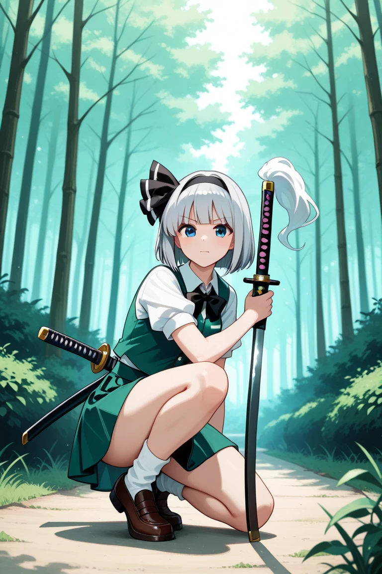 Masterpiece, saturate, full HD, best quality, 1girl, ( young girl, cute girl), slim body.medium breast, white light hair.detailed beautiful eyes. Glowing eye. Bright aqua eyes, long hair, bangs, white T - shirt oversized, holding katana. Green leaf hair ornament, shadows surrounding girl, foggy theme, rocky plain background and many swords sticking into the ground, foggy