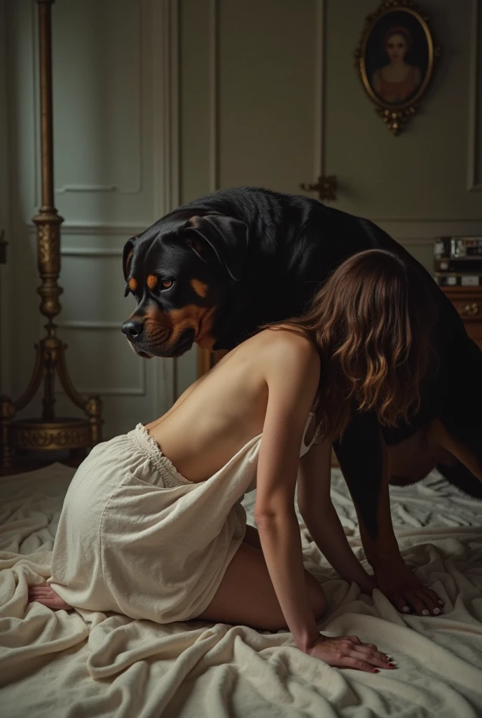 A hyper realistic, ultra detailed image, (((((nude, side view, feral, hugging, looking at each other, human female, duo, anal, dog, backriding position))))), realistic, detailed background, (((((feet, dog hugging belly, vaginal, dog licking mouth, hands on body, excessive urine on belly)))))