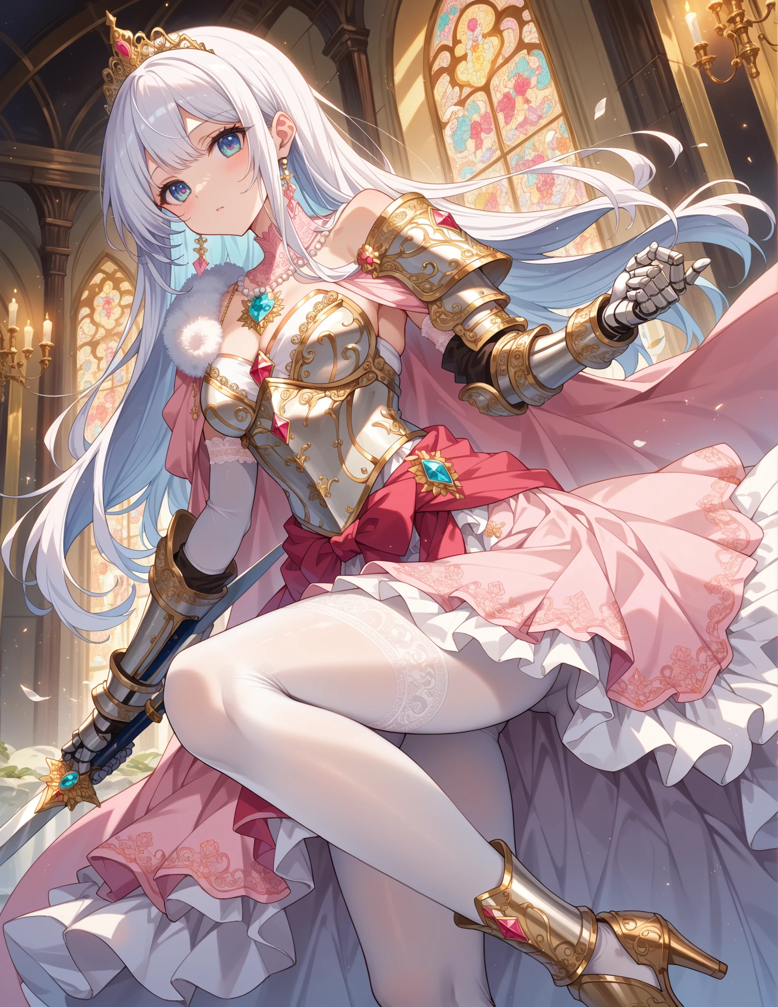 {Highest quality}, {とてもbeautiful}, {Very detailedな}, {最高のAn illustration}, masterpiece,(((Skirt flip:1.5))),((Showing off see-through micro pants:1.4)),garter belt:1.5,((Holy Knight)), Smooth breastplate, ((Armor made of pink r:1.5))、((((Extremely detailed and intricately decorated armor:1.35)))),Red Cowboy Shot,smooth udder、big 、(Golden Ratio,Tabletop, Highest quality, Highest quality, Official Art, beautifully、beautiful:1.2), Very detailed, colorful,Best details,An illustration, Great scene, (Adult,19 years old,One Girl, alone, Final Fantasy 12,Asheria:1.5, Asheria:1.5, Asheria:1.5, Curly Hair, Long Hair,Silver Hair:1.2,Asheria Costume:1.5, Asheria Costume:1.5, mini skirt,Knee socks, Thighs Thighs Thighs Thighs, gem, Blue Belt,Belt number 1),Course of action, A look of contempt ,Low Angle:1.5, underside:1.5, Squat, Spread your legs,No stockings,squatting, spread legs