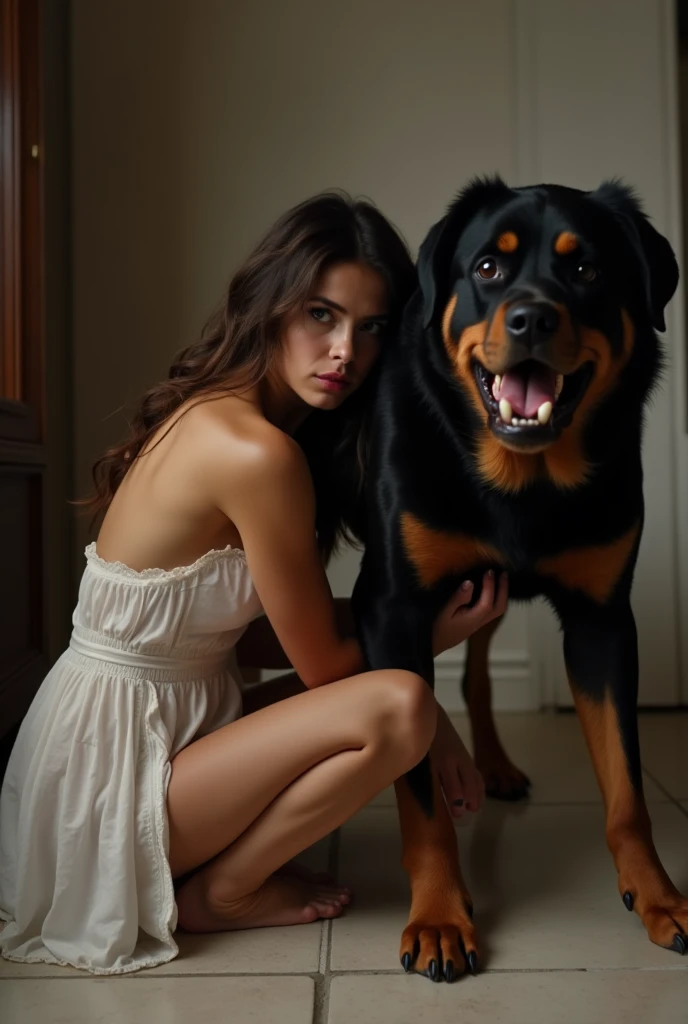 High fashion image with a nude tall brunette fashion model with beautiful face, red lips and big eyes wearing a lace stockings and high heels only. She lies on her back with legs wide open on a black floor and lustfully looks into the camera. White foam wall is gains her on background. A hungry doberman with huge fangs is standing next to her. Full body image. Vogue cover style photo