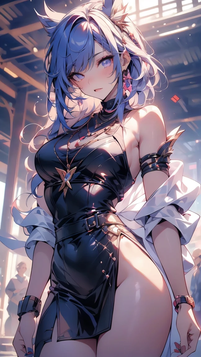 Masterpiece: 1.2, Best Quality), Realism, (Real Pictures, Rich Detail Detail, Depth of Field), (1 Girl, Solo), Makeup, Cleft Lip, High Detail, Perfect Face Shape, (: 1.4), (Skin Dents), Slender Legs, Wide Buttocks, Thin Waist, Tall Figure, Coral, Red Lips, Blue Pupils, Ponytail (Yoga Girl, Tulle Clear Yoga Suit), (Sweat: 1.2), (Wet), Sexy, Blush, Chest Covered with Openwork Gold Carved Accessories, White Gloves, Openwork gauze slip dress, Tifa, samus, seductive eyes, sky blue hair, pendant earrings, leather rabbit ear headdress, lamp post, big tits bulge, openwork woven mesh stockings, milk god Venus, with, bunny girl, moonlight cathedral glass windows, candlestick candles, angel robes