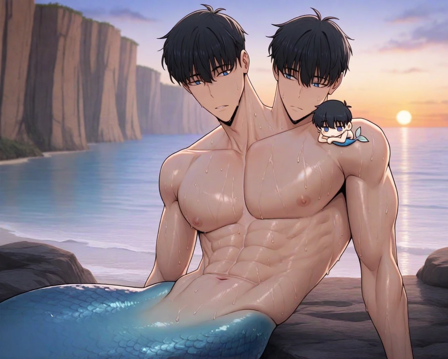 masterpiece,best quality,high quality,extremely detailed,(2 male austere handsome men, adult age 30 years old:1.5),(purple eyes, cool with suspended eyes), strong and fearless body, 8.5 head tall and 185cm tall,(well-groomed black short hair to neck:1.4), (bangs parted in thirds:1.4), (pectoral and rectus abdominis muscles:1.3), slender nose, facial muscles, (saltwater pants:1.3), (hand on neck:1.3), (scowling smile:1.3), (swimming:1.3), (stylish pose), (background deep sea underwater:1.3)